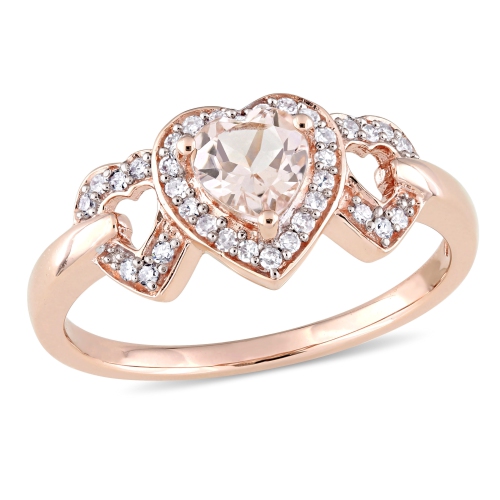 Classic 10K Pink Gold with Pink Heart Morganite & 0.13ctw I2-I3 White Diamond Gemstone Ring - Size 7