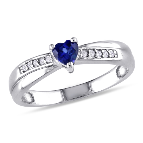Modern Sterling Silver with Blue Heart Created Sapphire & 0.05ctw I2-I3 White Diamond Ring - Size 7