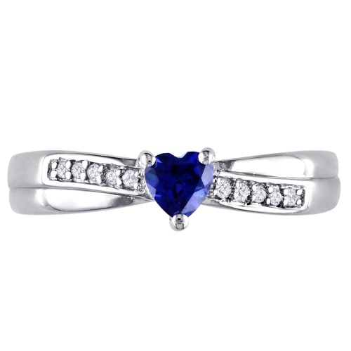 Modern Sterling Silver with Blue Heart Created Sapphire & 0.05ctw I2-I3 White Diamond Ring - Size 7