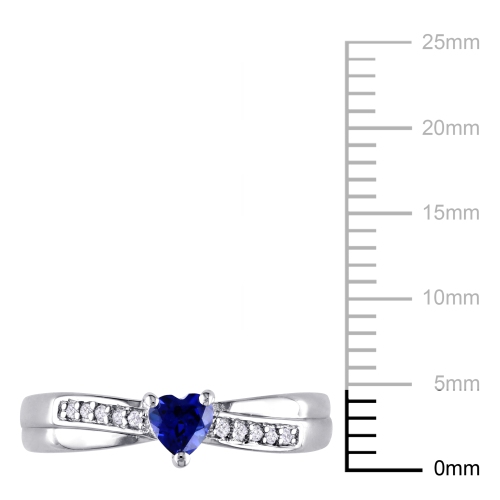 Modern Sterling Silver with Blue Heart Created Sapphire & 0.05ctw I2-I3 White Diamond Ring - Size 7
