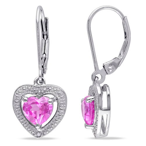 Modern Sterling Silver with Pink Heart Sapphire & 0.01ctw I3 White Diamond Dangle Earrings