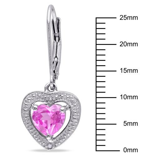 Modern Sterling Silver with Pink Heart Sapphire & 0.01ctw I3 White Diamond Dangle Earrings