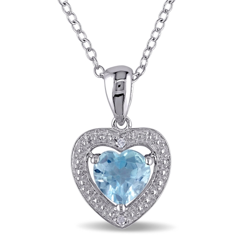 Modern Sterling Silver Chain and Sterling Silver Heart Pendant with Blue Topaz & 0.01ctw Diamonds