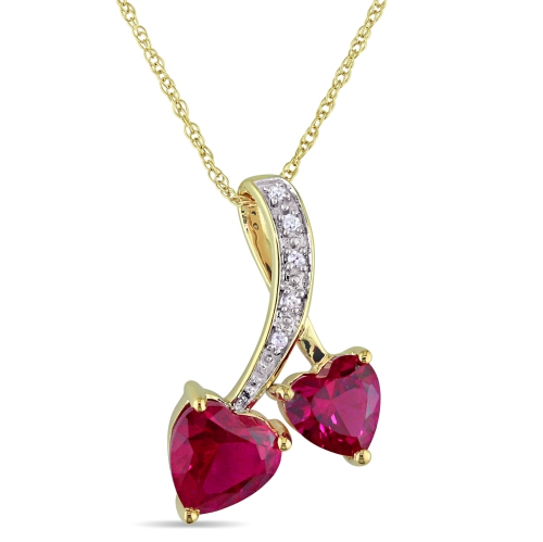 2 Heart-Cut Pendant in 10K Yellow Gold with Ruby & 0.025ctw I1-I2 Diamonds on an 17" Rope Chain