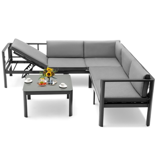 Costway 3PCS Patio Furniture Set Aluminum Lounge Adjust Back Recliner Sofa Table Cushion