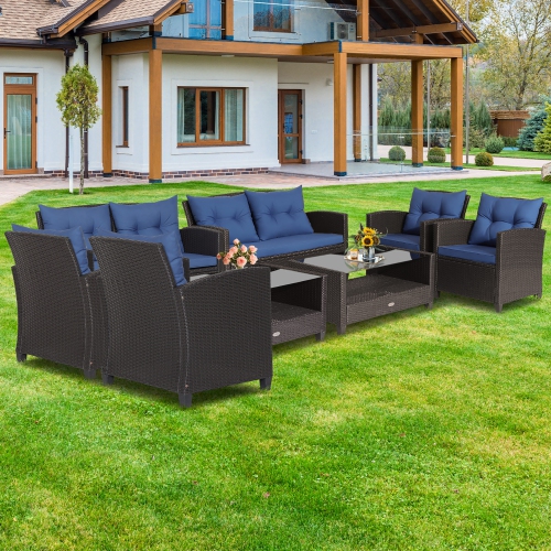 COSTWAY  8 PCs Patio Rattan Furniture Set Glass Table Shelf Sofa Cushion