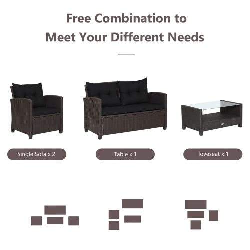 8PCS Ensemble de meubles d'extérieur en rotin Canapé rembourré avec accoudoir et table en verre Costway