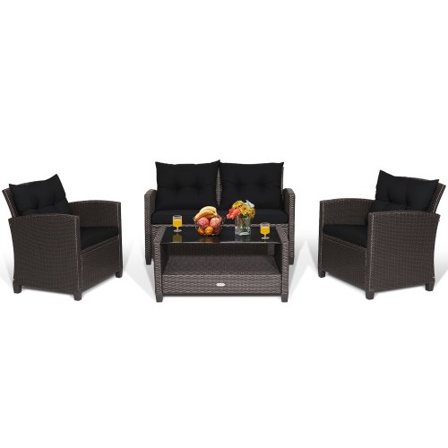 8PCS Ensemble de meubles d'extérieur en rotin Canapé rembourré avec accoudoir et table en verre Costway