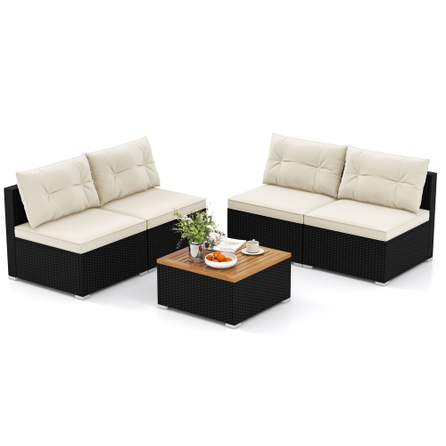 Costway 5 Piece Outdoor Furniture Set with Seat & Back Cushions Acacia Wood Tabletop