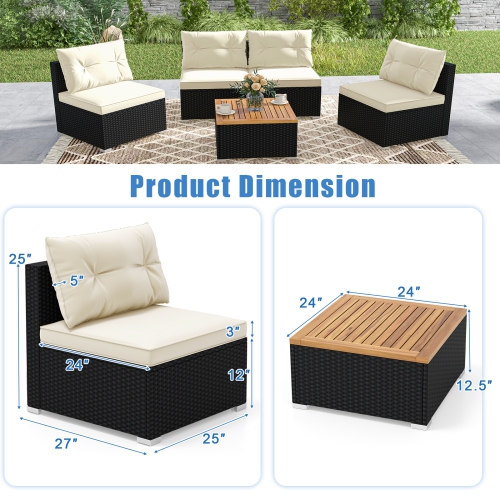 Costway 5 Piece Outdoor Furniture Set with Seat & Back Cushions Acacia Wood Tabletop