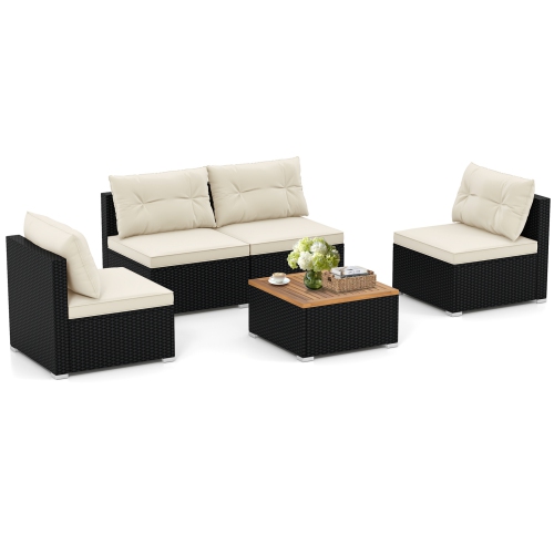 Costway 5 Piece Outdoor Furniture Set with Seat & Back Cushions Acacia Wood Tabletop