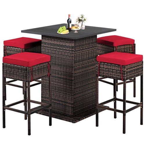 Costway 5PCS Patio Rattan Bar Table Stool Set Hidden Storage Shelf Cushioned
