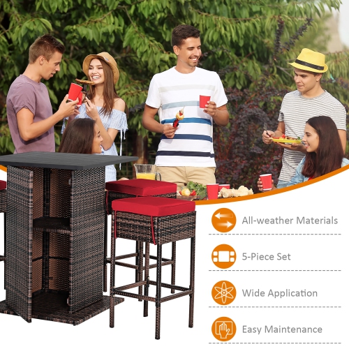 Costway 5PCS Patio Rattan Bar Table Stool Set Hidden Storage Shelf Cushioned