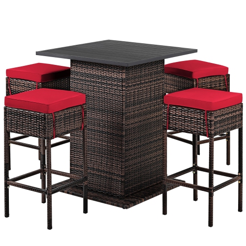 Costway 5PCS Patio Rattan Bar Table Stool Set Hidden Storage Shelf Cushioned