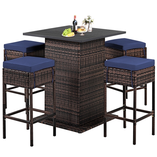 Costway 5PCS Patio Rattan Bar Table Stool Set Hidden Storage Shelf Cushioned