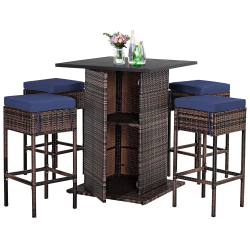 Costway 5PCS Patio Rattan Bar Table Stool Set Hidden Storage Shelf Cushioned