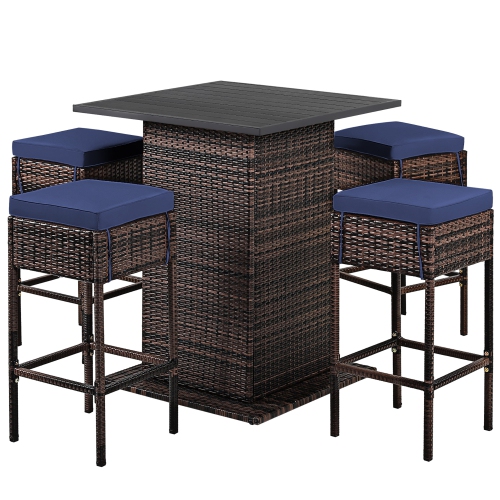Costway 5PCS Patio Rattan Bar Table Stool Set Hidden Storage Shelf Cushioned