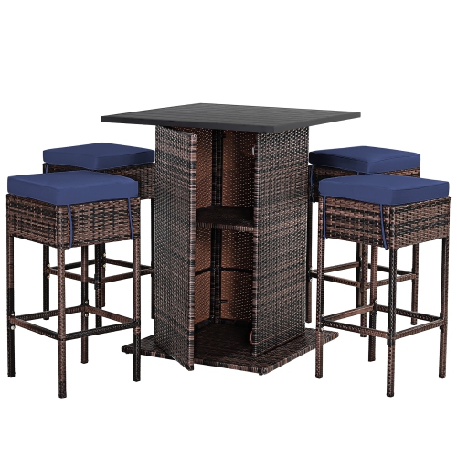 Costway 5PCS Patio Rattan Bar Table Stool Set Hidden Storage Shelf Cushioned