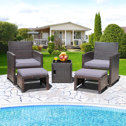 Costway 5PCS Patio Rattan Furniture Set Ottoman Cushioned W/Cover Space Saving
