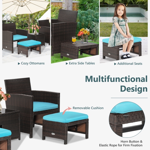 Costway 5PCS Patio Rattan Furniture Set Ottoman Cushioned W/Cover Space Saving