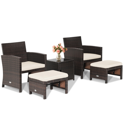 Costway 5PCS Patio Rattan Furniture Set Ottoman Cushioned W/Cover Space Saving