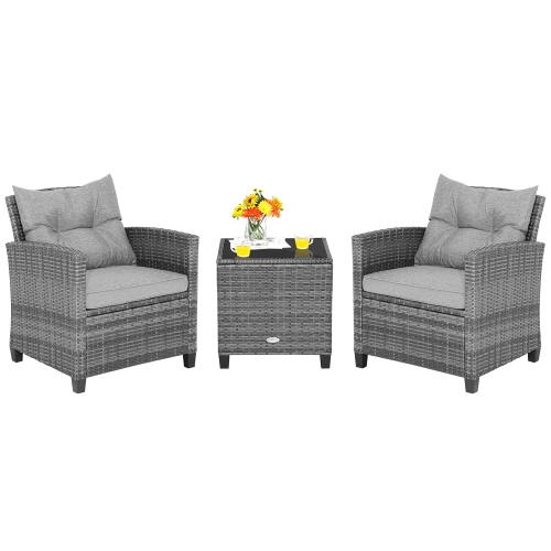 Costway 3PCS Patio Rattan Furniture Bistro Set Cushioned Sofas Side Table Armrest Grey