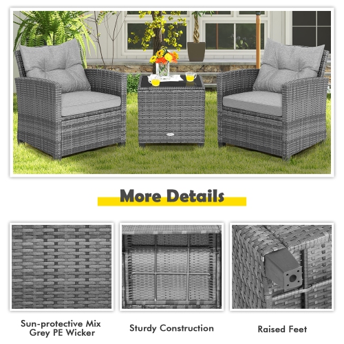 Costway 3PCS Patio Rattan Furniture Bistro Set Cushioned Sofas Side Table Armrest Grey