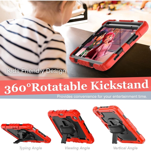 Shockproof Heavy Duty Defender Case Kickstand Cover with Shoulder & Hand Strap for iPad 10th Gen. / iPad 11th Gen., Red