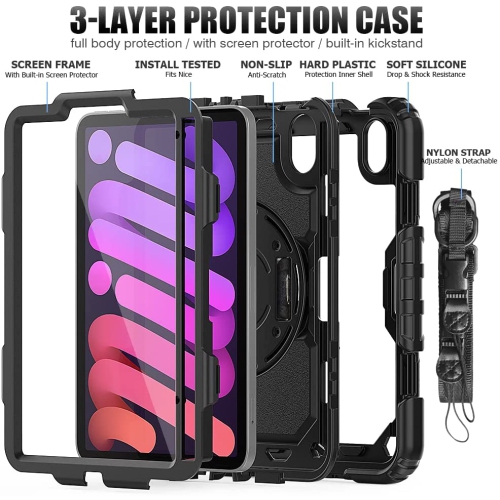 Shockproof Heavy Duty Defender Case Kickstand Cover with Shoulder & Hand Strap for iPad 10th Gen. / iPad 11th Gen., Black