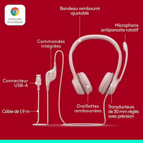 Casque d'écoute avec fil H390 de Logitech avec microphone à suppression du bruit - Rose
