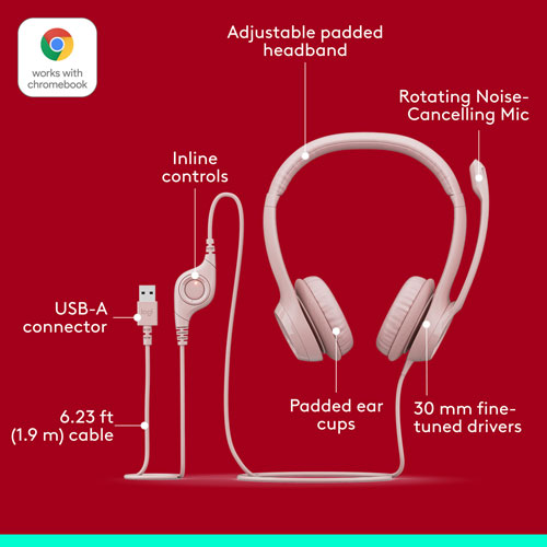 Casque d'écoute avec fil H390 de Logitech avec microphone à suppression du bruit - Rose