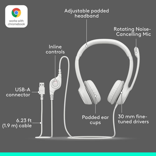 Casque d'écoute avec fil H390 de Logitech avec microphone à suppression du bruit - Blanc cassé