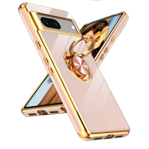 LeYi for Pixel 7 Case, Google Pixel 7 Case 360°Rotatable Ring Holder Magnetic Kickstand Soft Silicone Plating Rose Gold Edge Shockproof Protective Ca