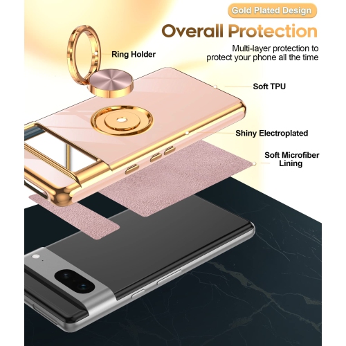 LeYi for Pixel 7 Case, Google Pixel 7 Case 360°Rotatable Ring Holder Magnetic Kickstand Soft Silicone Plating Rose Gold Edge Shockproof Protective