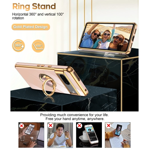 LeYi for Pixel 7 Case, Google Pixel 7 Case 360°Rotatable Ring Holder Magnetic Kickstand Soft Silicone Plating Rose Gold Edge Shockproof Protective