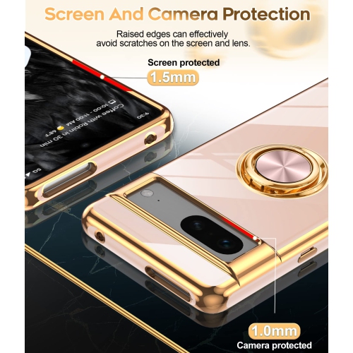 LeYi for Pixel 7 Case, Google Pixel 7 Case 360°Rotatable Ring Holder Magnetic Kickstand Soft Silicone Plating Rose Gold Edge Shockproof Protective