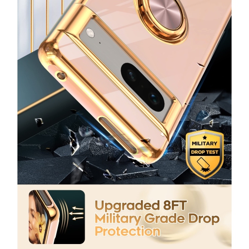 LeYi for Pixel 7 Case, Google Pixel 7 Case 360°Rotatable Ring Holder Magnetic Kickstand Soft Silicone Plating Rose Gold Edge Shockproof Protective