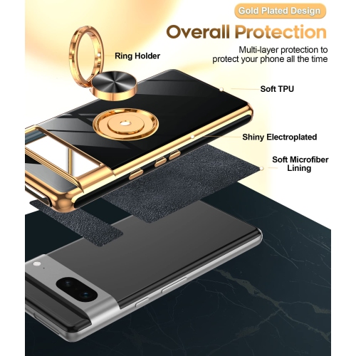 LeYi for Pixel 7 Case, Google Pixel 7 Case 360°Rotatable Ring Holder Magnetic Kickstand Soft Silicone Plating Rose Gold Edge Shockproof Protective