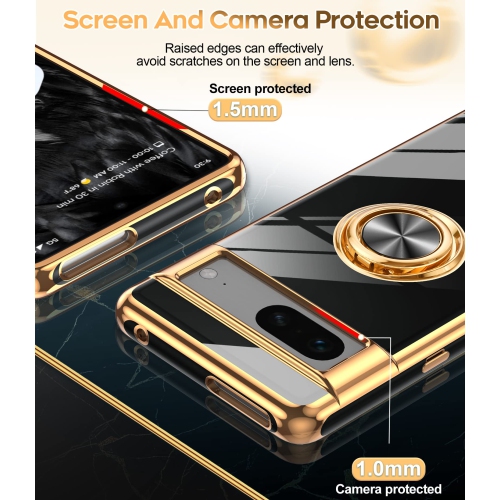LeYi for Pixel 7 Case, Google Pixel 7 Case 360°Rotatable Ring Holder Magnetic Kickstand Soft Silicone Plating Rose Gold Edge Shockproof Protective