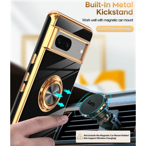 LeYi for Pixel 7 Case, Google Pixel 7 Case 360°Rotatable Ring Holder Magnetic Kickstand Soft Silicone Plating Rose Gold Edge Shockproof Protective