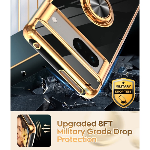 LeYi for Pixel 7 Case, Google Pixel 7 Case 360°Rotatable Ring Holder Magnetic Kickstand Soft Silicone Plating Rose Gold Edge Shockproof Protective