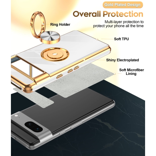 LeYi for Pixel 7 Case, Google Pixel 7 Case 360°Rotatable Ring Holder Magnetic Kickstand Soft Silicone Plating Rose Gold Edge Shockproof Protective