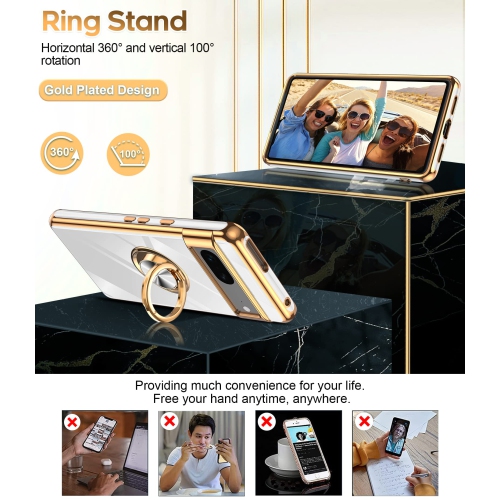 LeYi for Pixel 7 Case, Google Pixel 7 Case 360°Rotatable Ring Holder Magnetic Kickstand Soft Silicone Plating Rose Gold Edge Shockproof Protective