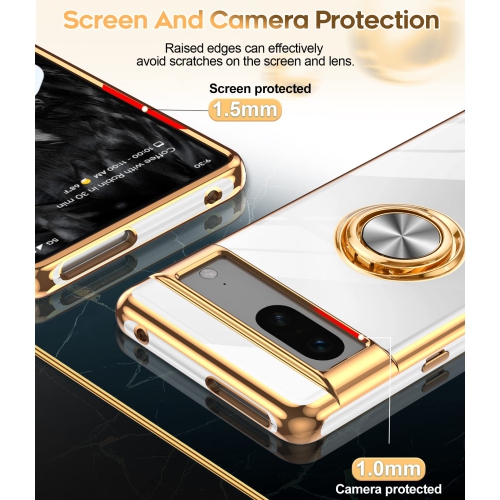 LeYi for Pixel 7 Case, Google Pixel 7 Case 360°Rotatable Ring Holder Magnetic Kickstand Soft Silicone Plating Rose Gold Edge Shockproof Protective