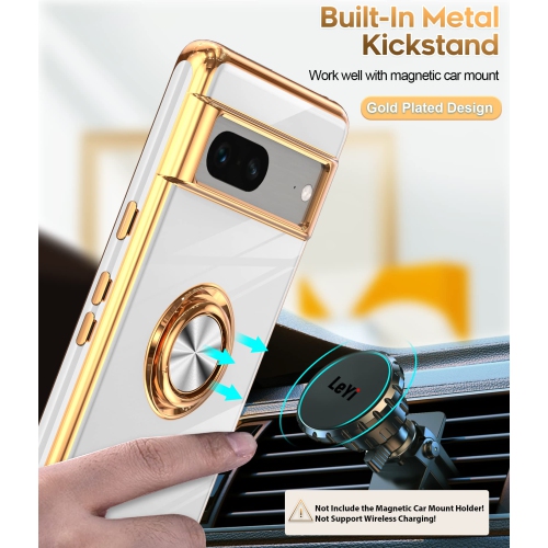 LeYi for Pixel 7 Case, Google Pixel 7 Case 360°Rotatable Ring Holder Magnetic Kickstand Soft Silicone Plating Rose Gold Edge Shockproof Protective