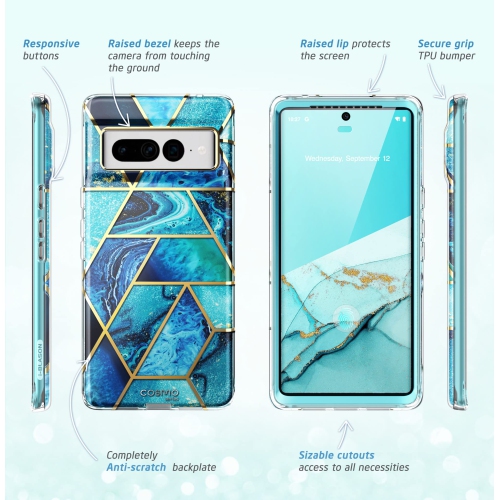 Cosmo Series for Google Pixel 7 Pro Case, Slim Full-Body Stylish Protective Case with Built-in Screen Protector (Ocean)