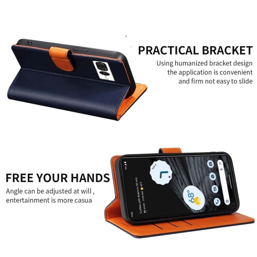 HLD RFID Blocking Genuine Leather Wallet Case for Google Pixel 7 Pro with Kickstand, Magnetic Clasp, Cash & Credit Card Slots - Blue