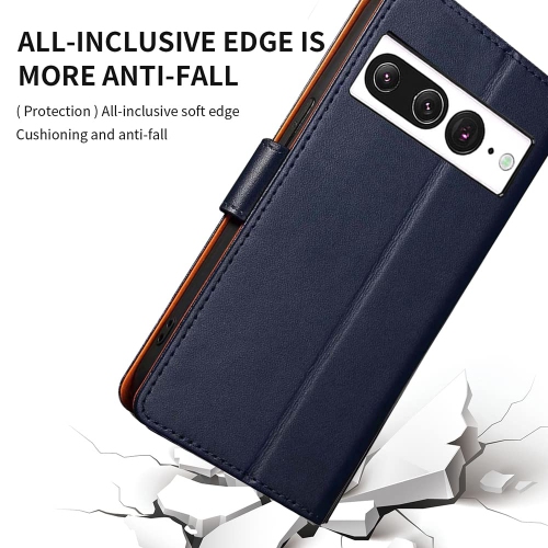 HLD RFID Blocking Genuine Leather Wallet Case for Google Pixel 7 Pro with Kickstand, Magnetic Clasp, Cash & Credit Card Slots - Blue