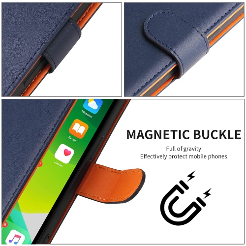 HLD RFID Blocking Genuine Leather Wallet Case for Google Pixel 7 Pro with Kickstand, Magnetic Clasp, Cash & Credit Card Slots - Blue