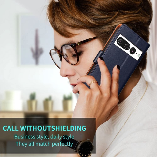 HLD RFID Blocking Genuine Leather Wallet Case for Google Pixel 7 Pro with Kickstand, Magnetic Clasp, Cash & Credit Card Slots - Blue